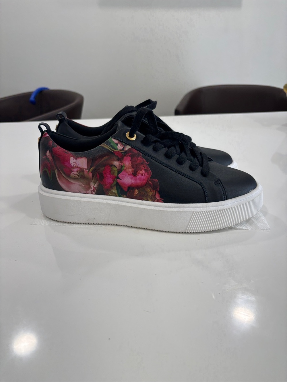 Ted Baker Black Leather Sneakers with Pink Floral Panel